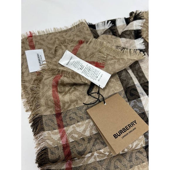 New Burberry Check motif TB monogram wool and silk blend scarf - Picture 7 of 11